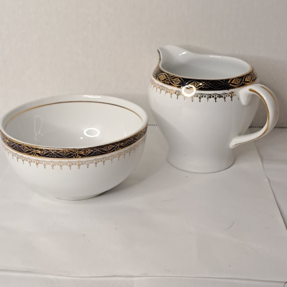 Meakin China Open Sugar Bowl & Creamer England Blue & Gold Hand Painted.